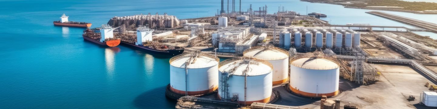 Aerial view of an industrial port with large cylindrical storage tanks, tanker ships, and a sprawling complex by the ocean under a clear blue sky.
