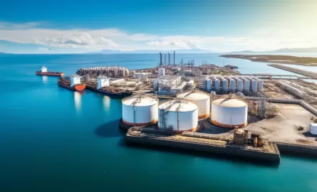 Aerial view of an industrial port with large cylindrical storage tanks, tanker ships, and a sprawling complex by the ocean under a clear blue sky.